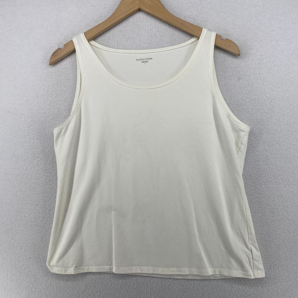 EILEEN FISHER Tank Top L Organic Cotton Stretch Jersey Scoop Neck Off White USA